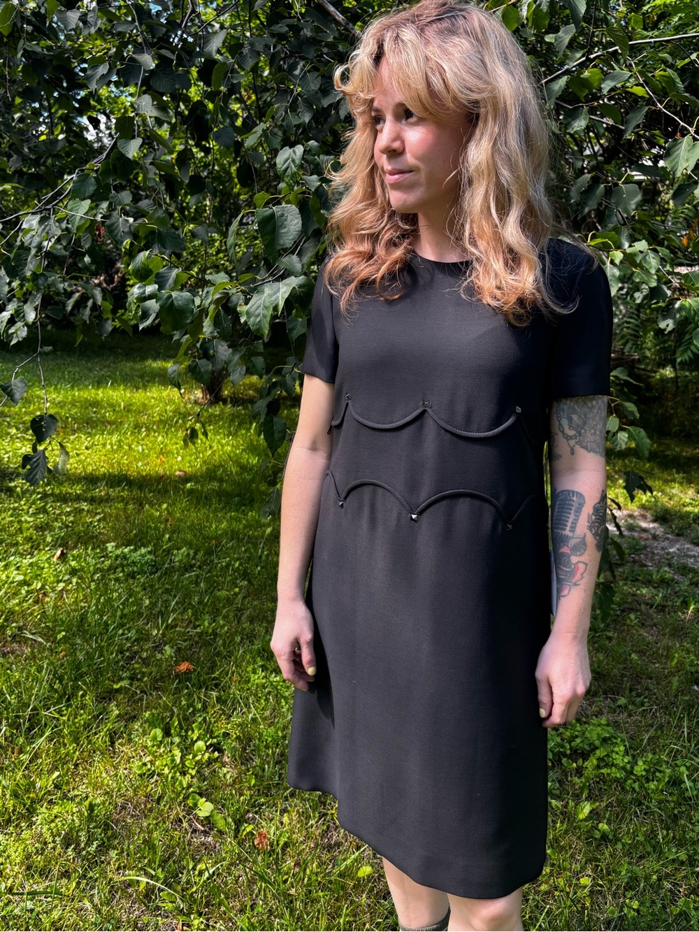 Valentino Black Short-Sleeve Mini Dress with Scalloped Trim